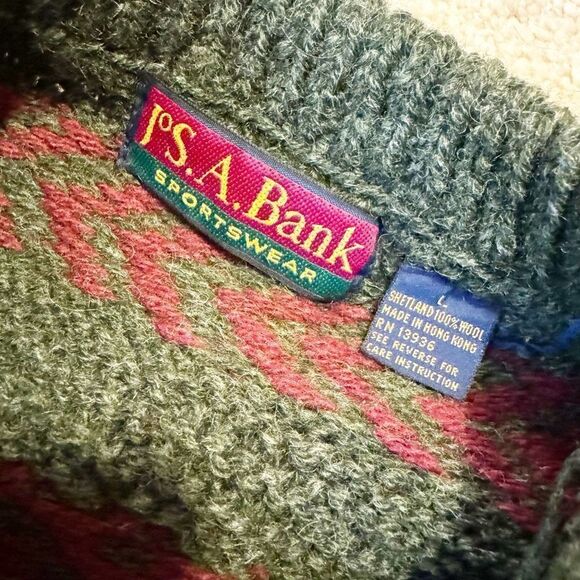 Jos. A. Bank Vintage 80s Men’s Chunky Heavy Knit Wool Green Red Sweater - Size L - Picture 4 of 6